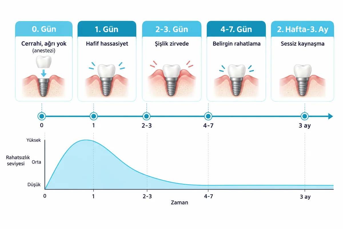 Diş implantı sonrası ilk gün, ilk hafta ve kaynaşma dönemini gösteren iyileşme takvimi görseli