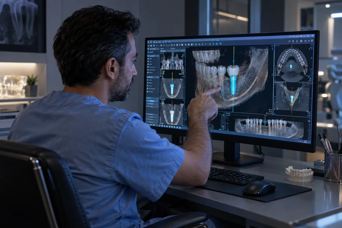 Diş implantı planlaması için alınan 3 boyutlu tomografi görüntüsünü inceleyen diş hekimi