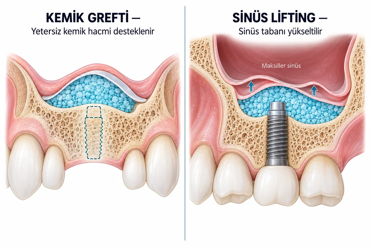 Yetersiz çene kemiğinde uygulanan kemik grefti ve sinüs lifting işlemlerini gösteren anatomik şema
